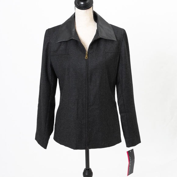 Sandro 100% wool black charcoal zipper front jacket with faux leather collar 10 - Picture 9 of 14